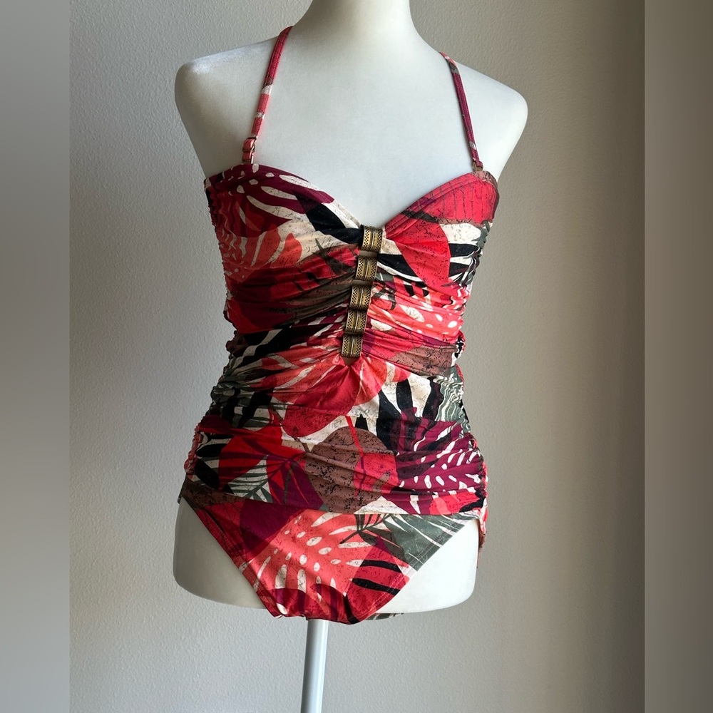 Vince Camuto One-piece Swimsuit Tropical Deep Coral and Army Green Size 14